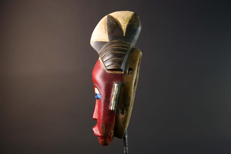 Unique Hand‐Carved African Guro Mask with Horned Crown, Authentic Ivorian Tribal Wood Art, Ethnic Wall Hanging Decor, Gallery Display -G5749