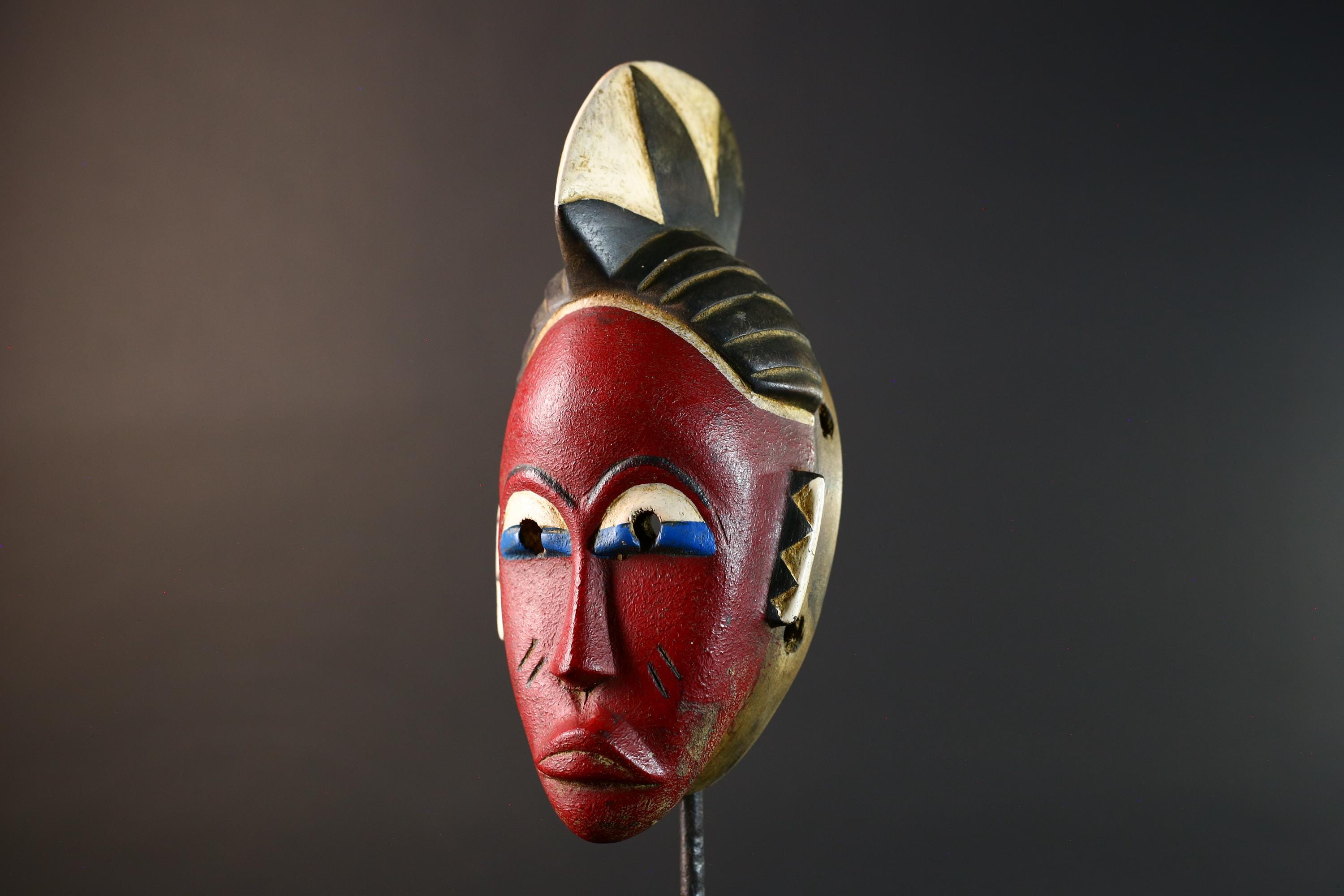 Unique Hand‐Carved African Guro Mask with Horned Crown, Authentic Ivorian Tribal Wood Art, Ethnic Wall Hanging Decor, Gallery Display -G5749