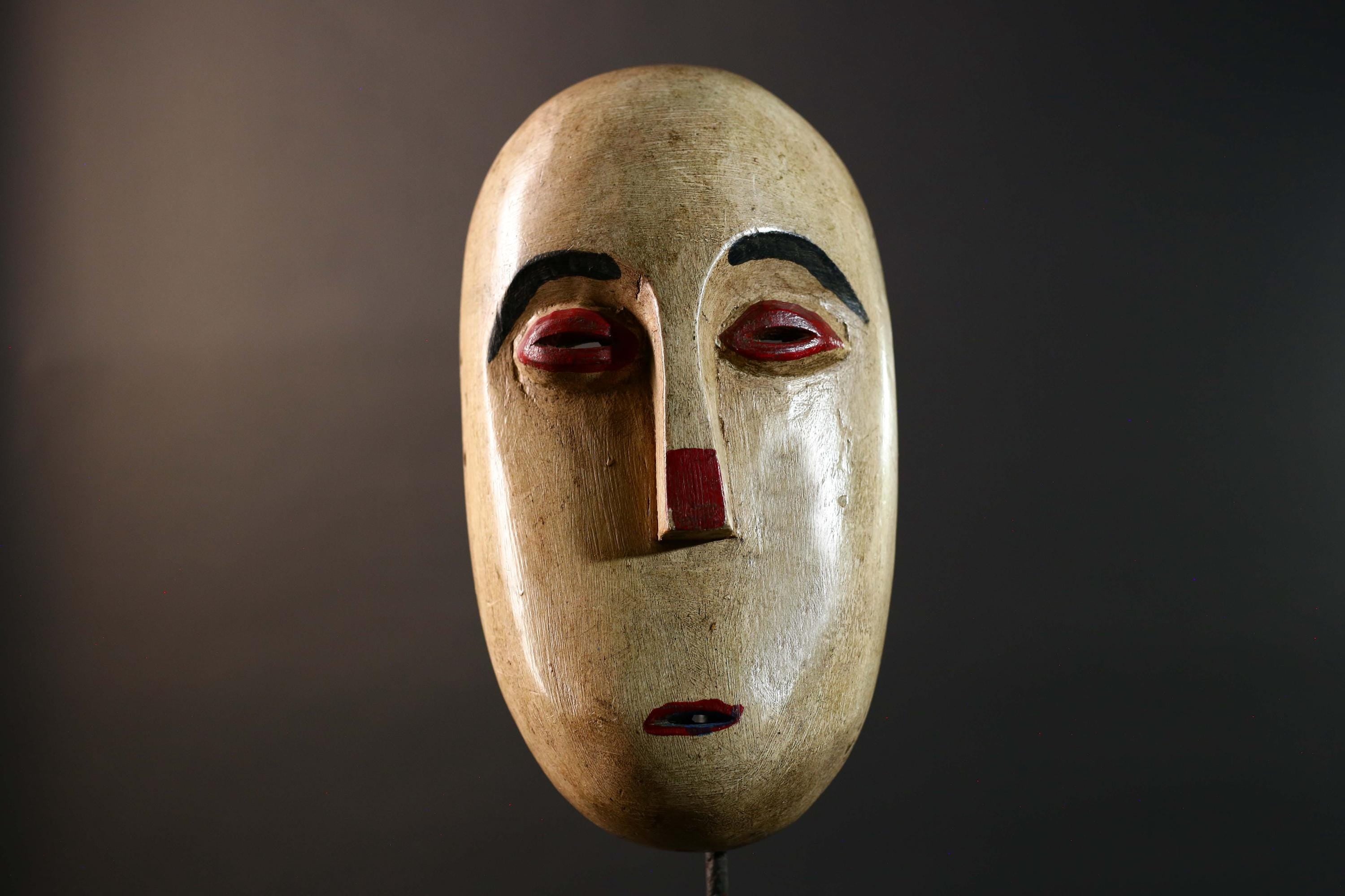 African Tribal Mask Carved Wood Oval Face Minimalist Red Accents Wall Art Vintage Authentic West Africa Cultural Collectible Home Decor-7477