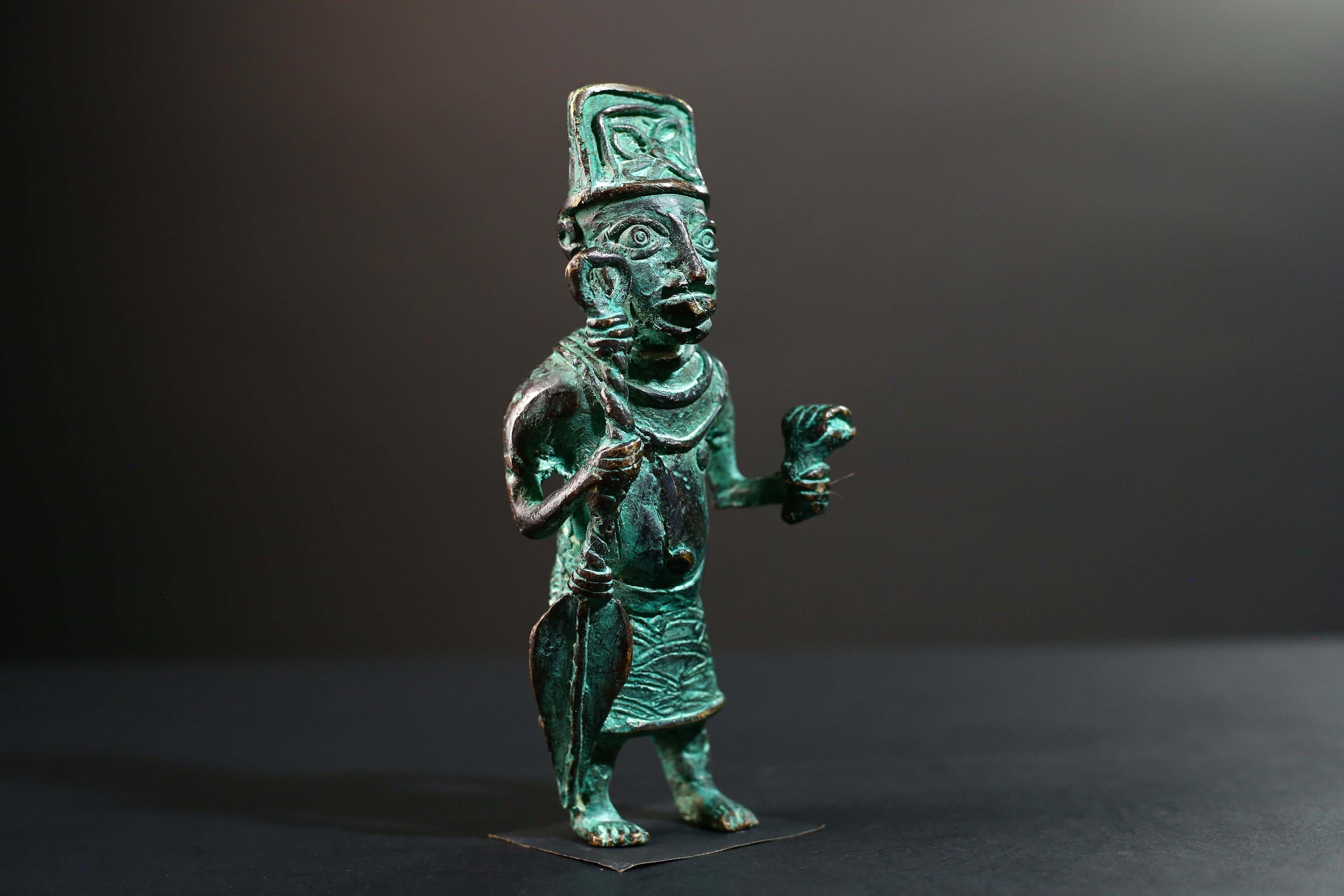 African Nigerian Bronze Tribal Figure Sculpture | Handcrafted Benin Style Vintage Art | Collectible West Africa Ritual Decor Statue-G5758