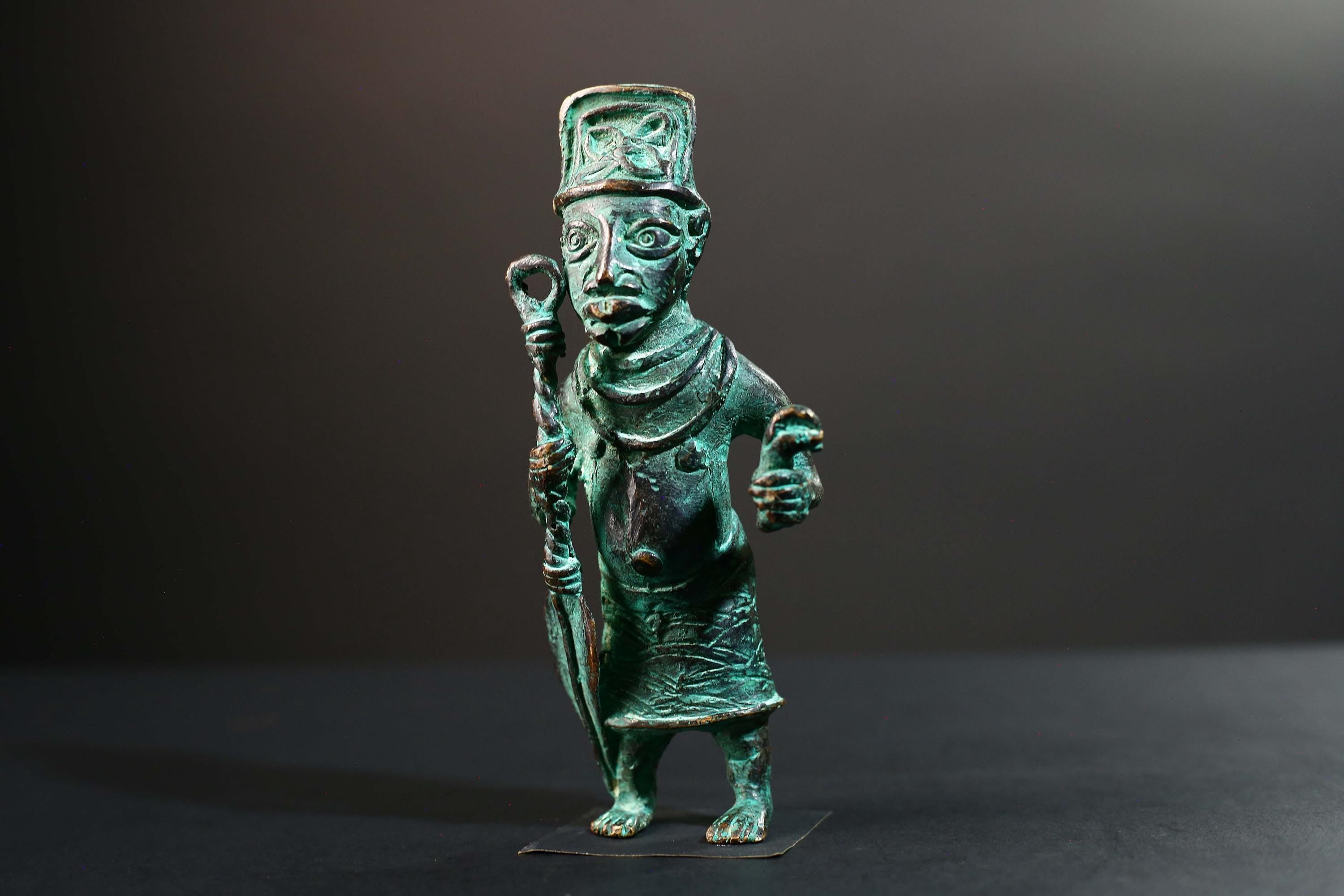 African Nigerian Bronze Tribal Figure Sculpture | Handcrafted Benin Style Vintage Art | Collectible West Africa Ritual Decor Statue-G5758