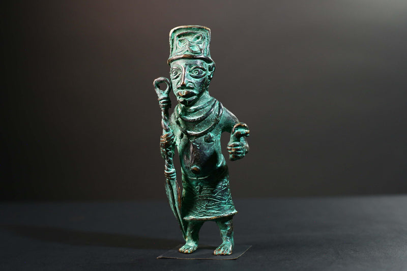 African Nigerian Bronze Tribal Figure Sculpture | Handcrafted Benin Style Vintage Art | Collectible West Africa Ritual Decor Statue-G5758