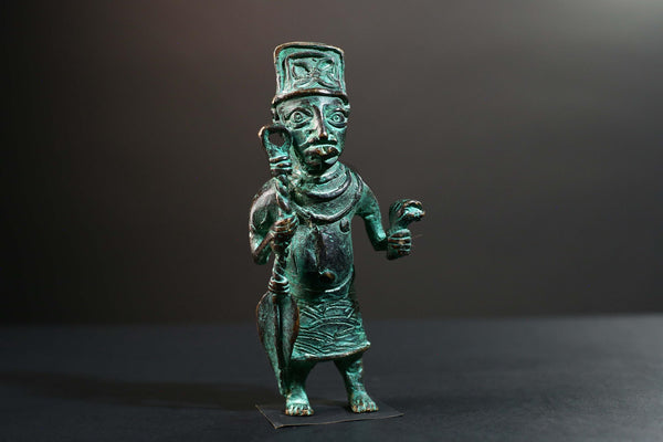 African Nigerian Bronze Tribal Figure Sculpture | Handcrafted Benin Style Vintage Art | Collectible West Africa Ritual Decor Statue-G5758