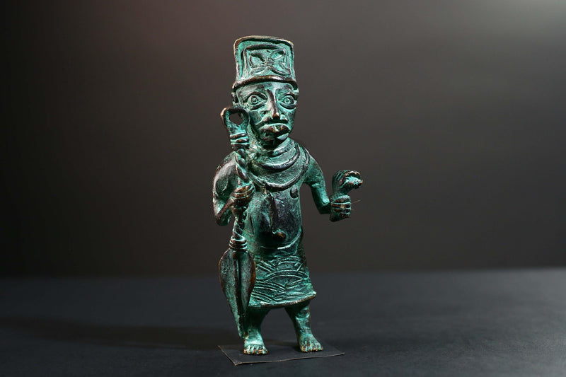 African Nigerian Bronze Tribal Figure Sculpture | Handcrafted Benin Style Vintage Art | Collectible West Africa Ritual Decor Statue-G5758