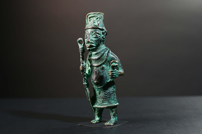 African Nigerian Bronze Tribal Figure Sculpture | Handcrafted Benin Style Vintage Art | Collectible West Africa Ritual Decor Statue-G5758