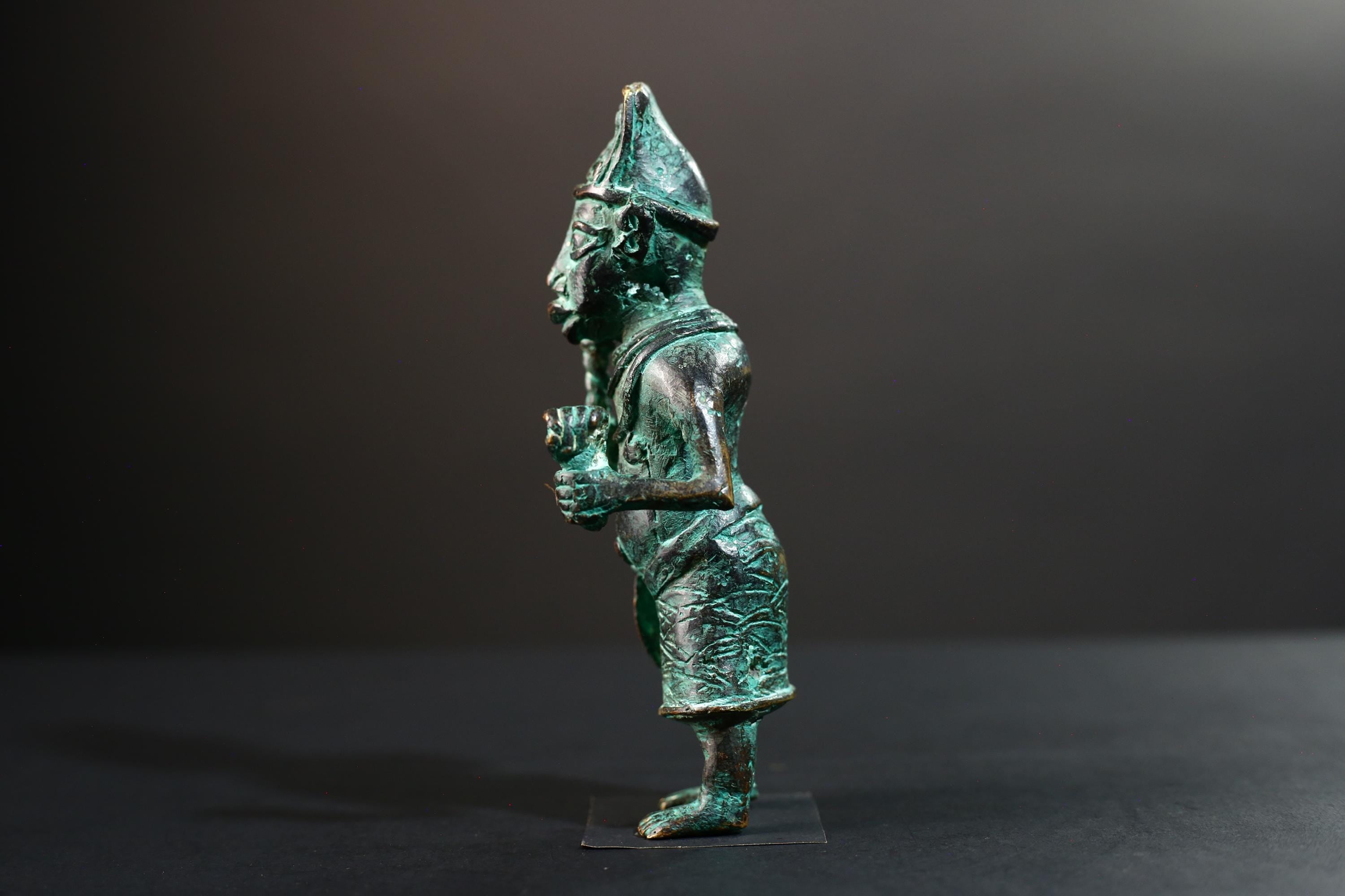 African Nigerian Bronze Tribal Figure Sculpture | Handcrafted Benin Style Vintage Art | Collectible West Africa Ritual Decor Statue-G5758