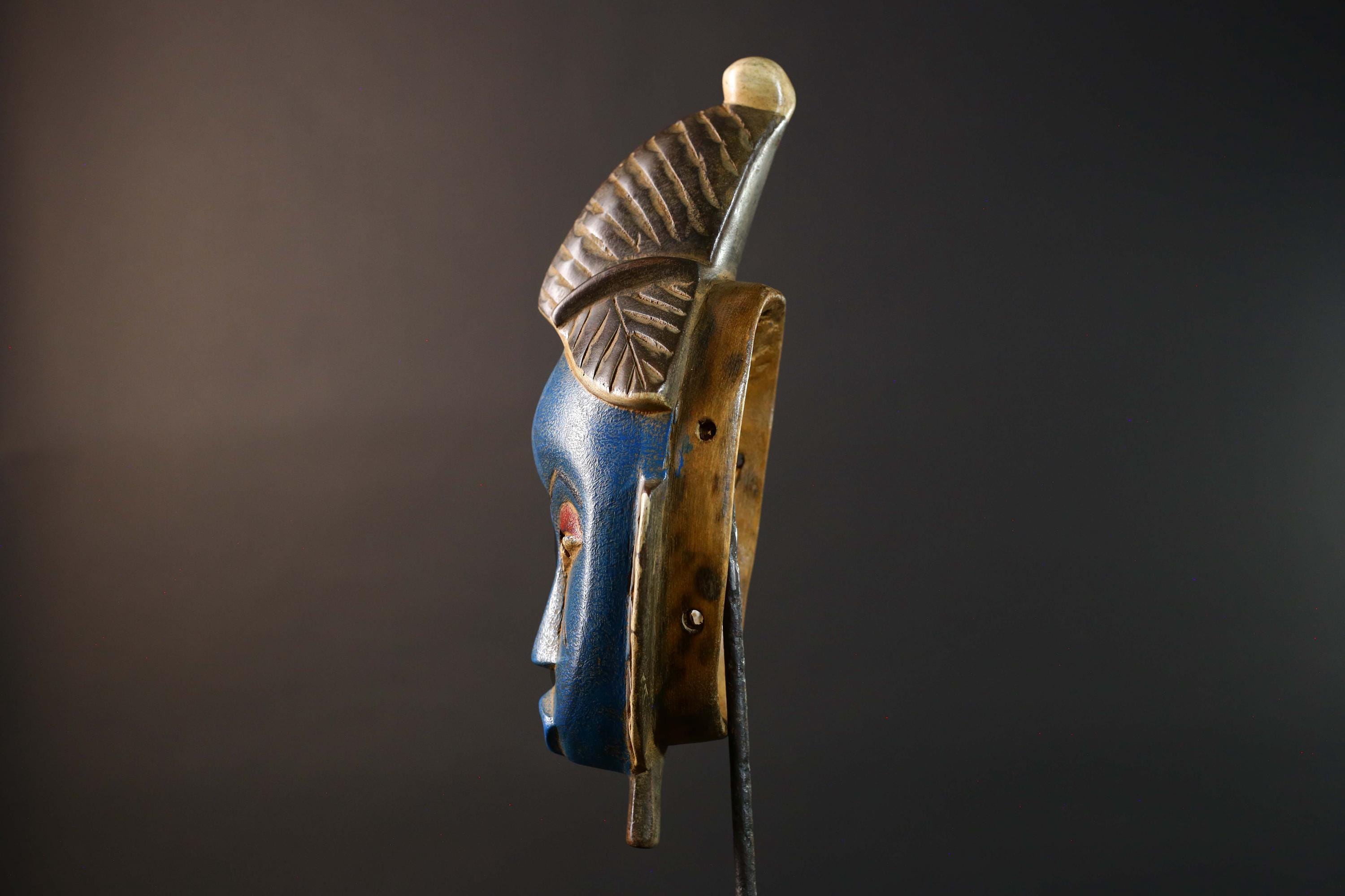 Blue Baule Tribal Mask African Carved Wood Face Côte d’Ivoire Vintage Wall Art Collectible Home Decor Ethnographic Cultural Sculpture-G5760