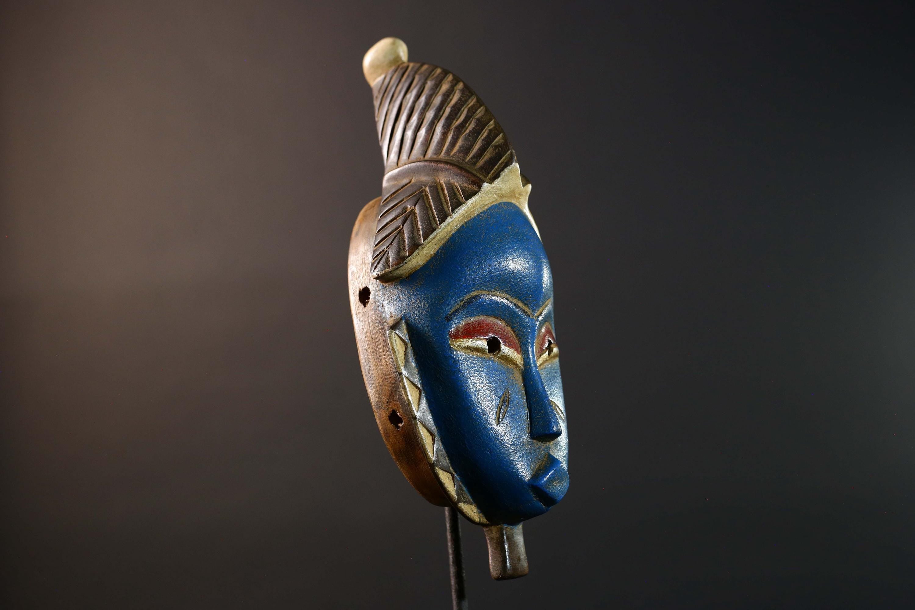 Blue Baule Tribal Mask African Carved Wood Face Côte d’Ivoire Vintage Wall Art Collectible Home Decor Ethnographic Cultural Sculpture-G5760
