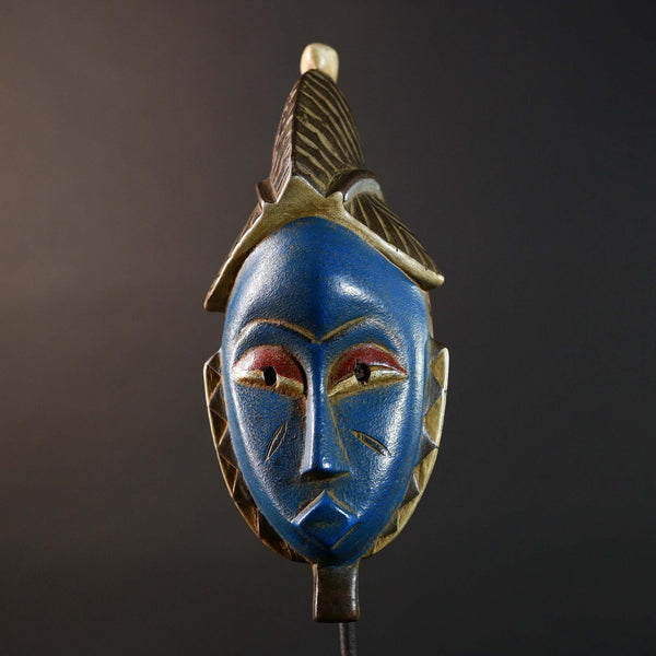 Blue Baule Tribal Mask African Carved Wood Face Côte d’Ivoire Vintage Wall Art Collectible Home Decor Ethnographic Cultural Sculpture-G5760