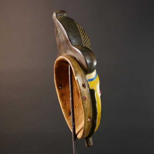 African Baule Tribal Mask Yellow Face Red Eyes Carved Wood Côte d’Ivoire Wall Art Vintage Handmade Ethnic Sculpture Home Decor-G5761