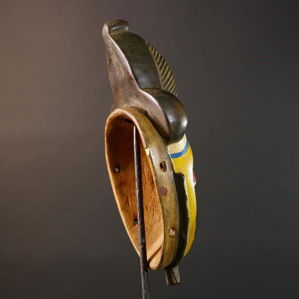 African Baule Tribal Mask Yellow Face Red Eyes Carved Wood Côte d’Ivoire Wall Art Vintage Handmade Ethnic Sculpture Home Decor-G5761