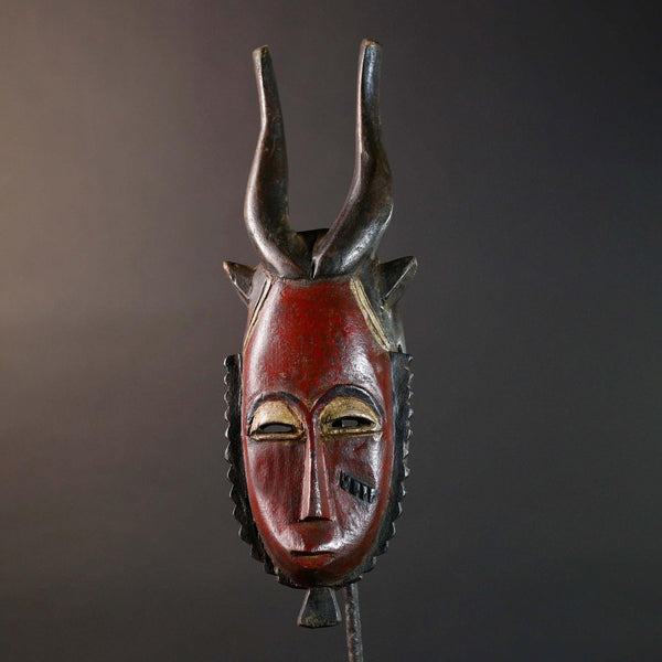 African Guro tribal mask red face carved wood with antelope horns Côte d’Ivoire art vintage wall decor cultural home sculpture-G5762
