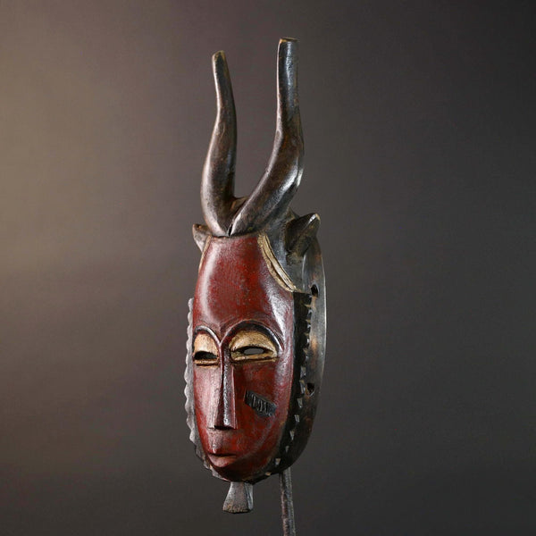 African Guro tribal mask red face carved wood with antelope horns Côte d’Ivoire art vintage wall decor cultural home sculpture-G5762