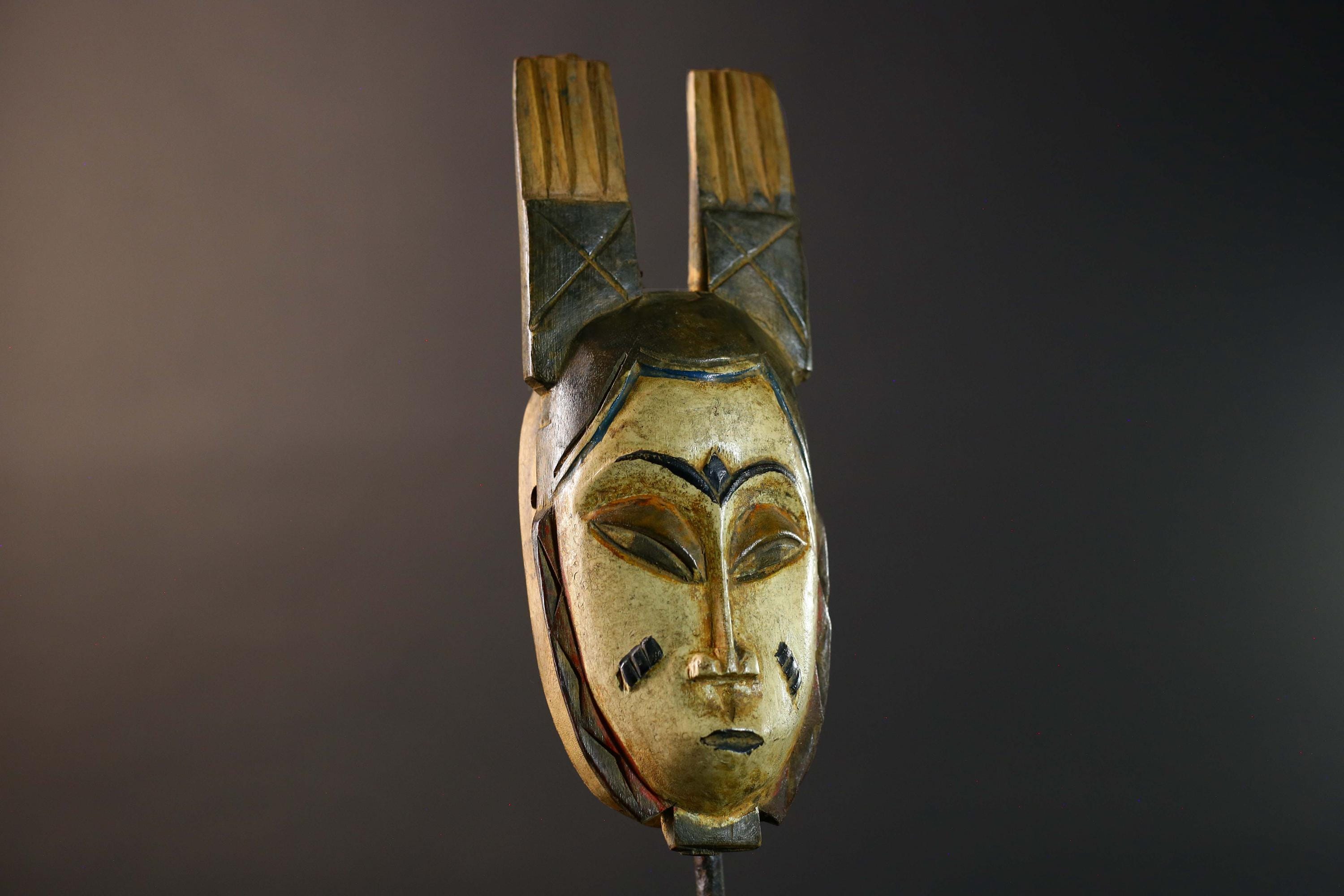 African Baule Tribal Mask with Double Vertical Crest Ivory Coast Hand Carved Wood Traditional Wall Art Vintage Home Decor-G5764