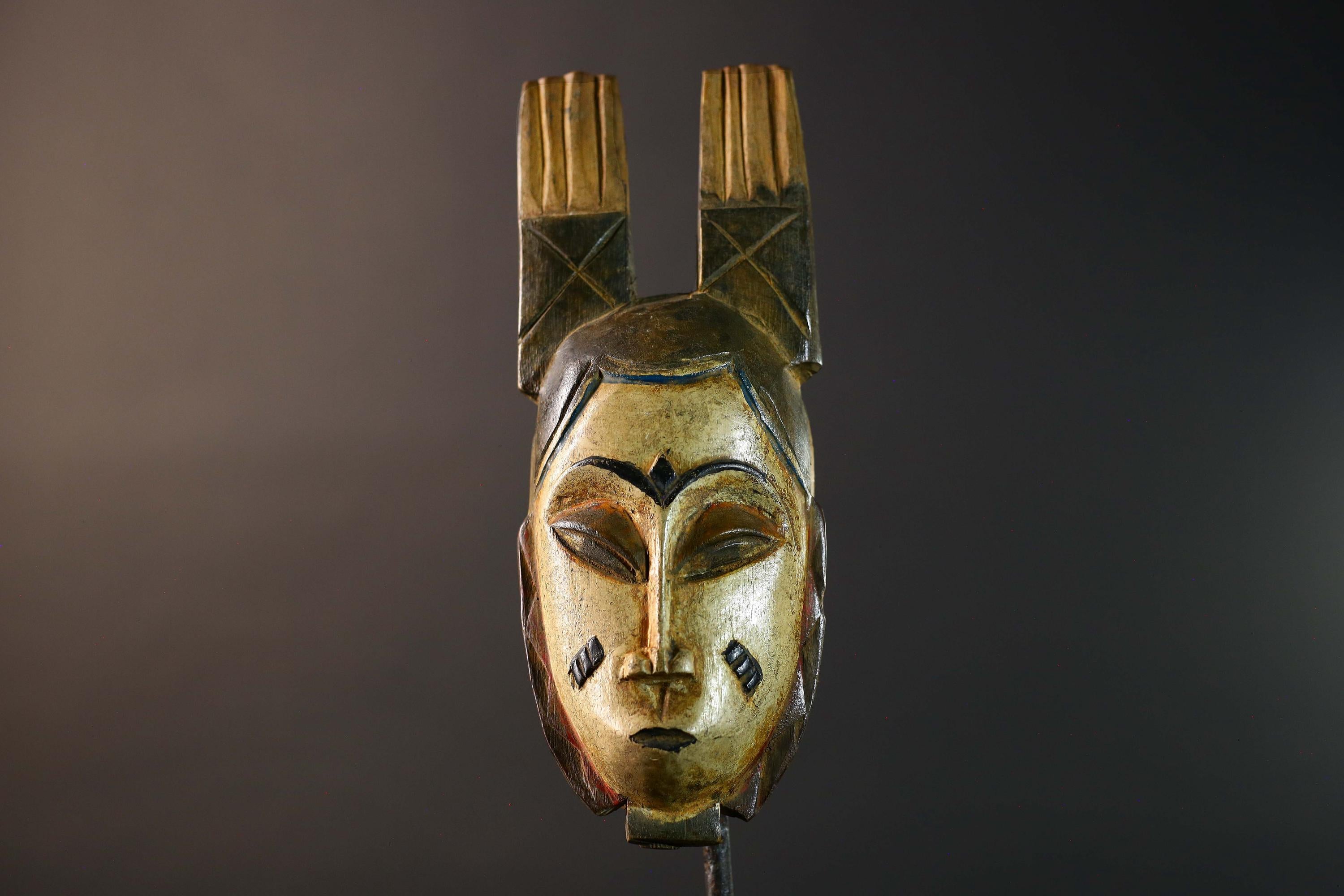 African Baule Tribal Mask with Double Vertical Crest Ivory Coast Hand Carved Wood Traditional Wall Art Vintage Home Decor-G5764