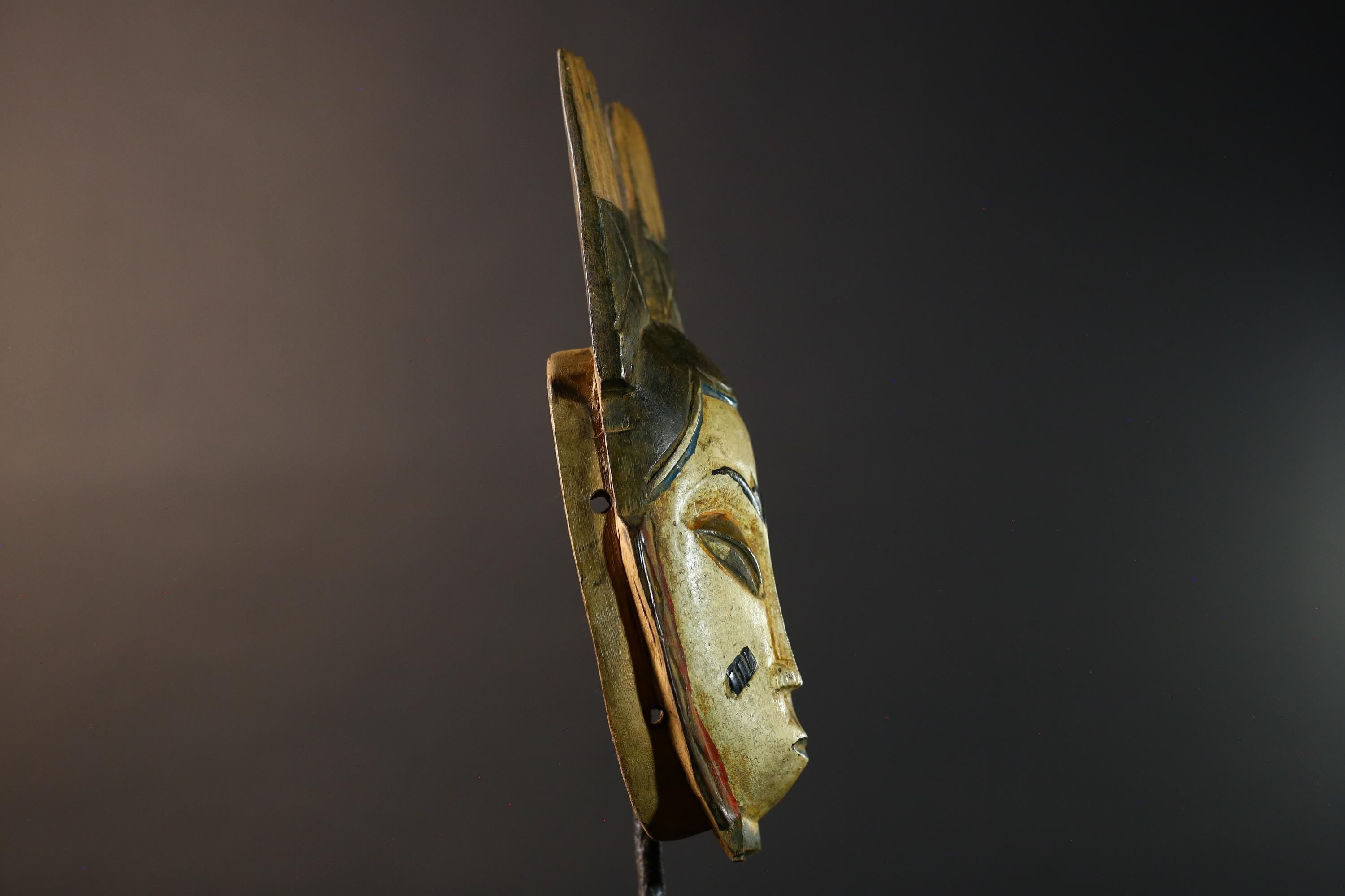 African Baule Tribal Mask with Double Vertical Crest Ivory Coast Hand Carved Wood Traditional Wall Art Vintage Home Decor-G5764