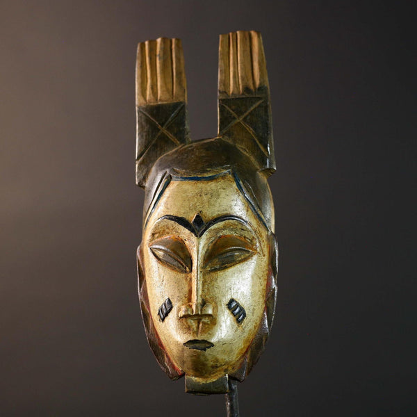 African Baule Tribal Mask with Double Vertical Crest Ivory Coast Hand Carved Wood Traditional Wall Art Vintage Home Decor-G5764
