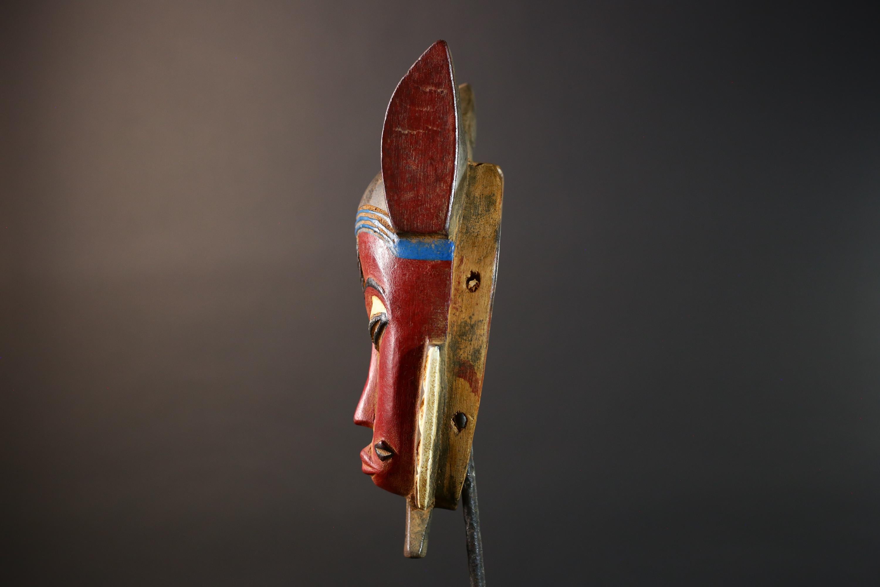 African Baule Mask Red Face Tribal Wood Carved Wall Art Côte d'Ivoire Vintage Decor Authentic Handcrafted African Sculpture-G5765