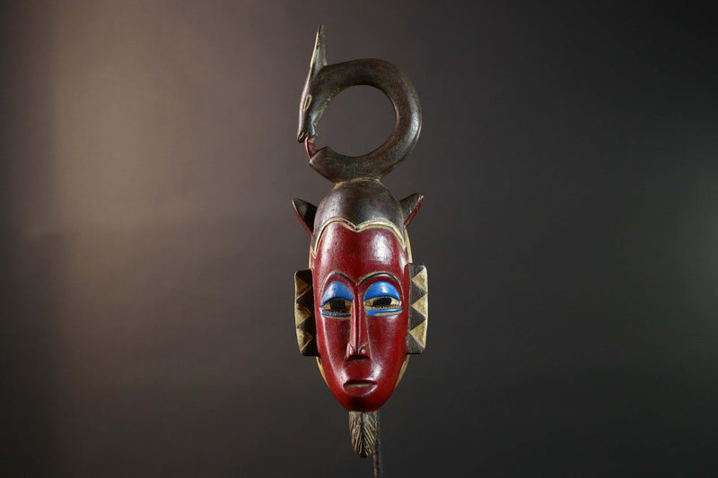 African Guro Serpent Crest Mask Hand Carved Tribal Wood Face West Africa Wall Art Vintage Ethnic Home Decor Collectible Sculpture-G5769