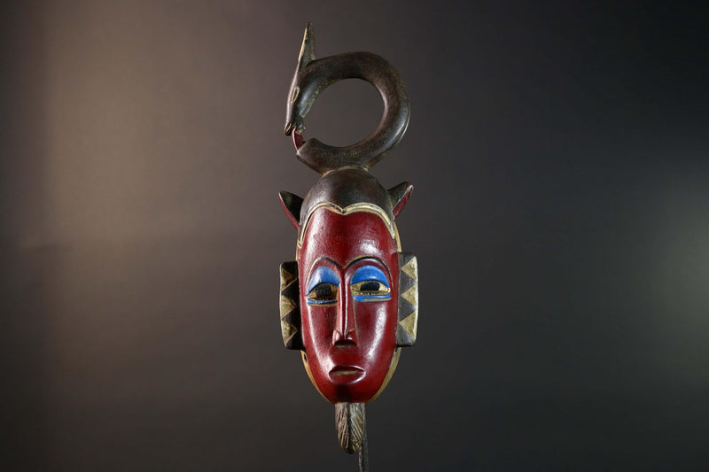 African Guro Serpent Crest Mask Hand Carved Tribal Wood Face West Africa Wall Art Vintage Ethnic Home Decor Collectible Sculpture-G5769