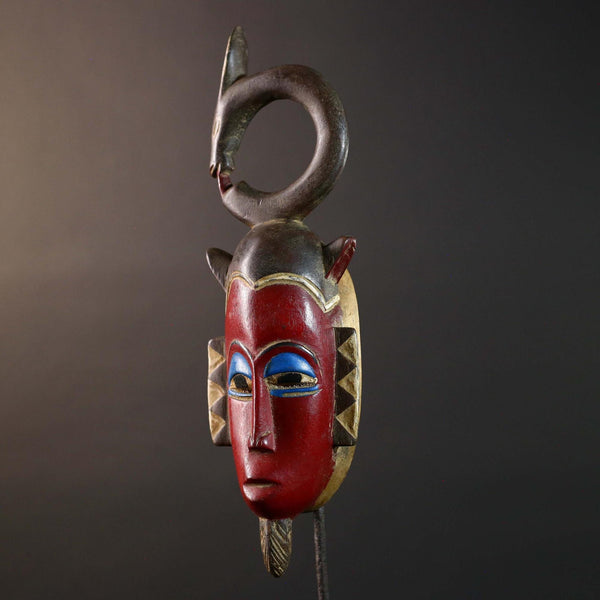 African Guro Serpent Crest Mask Hand Carved Tribal Wood Face West Africa Wall Art Vintage Ethnic Home Decor Collectible Sculpture-G5769