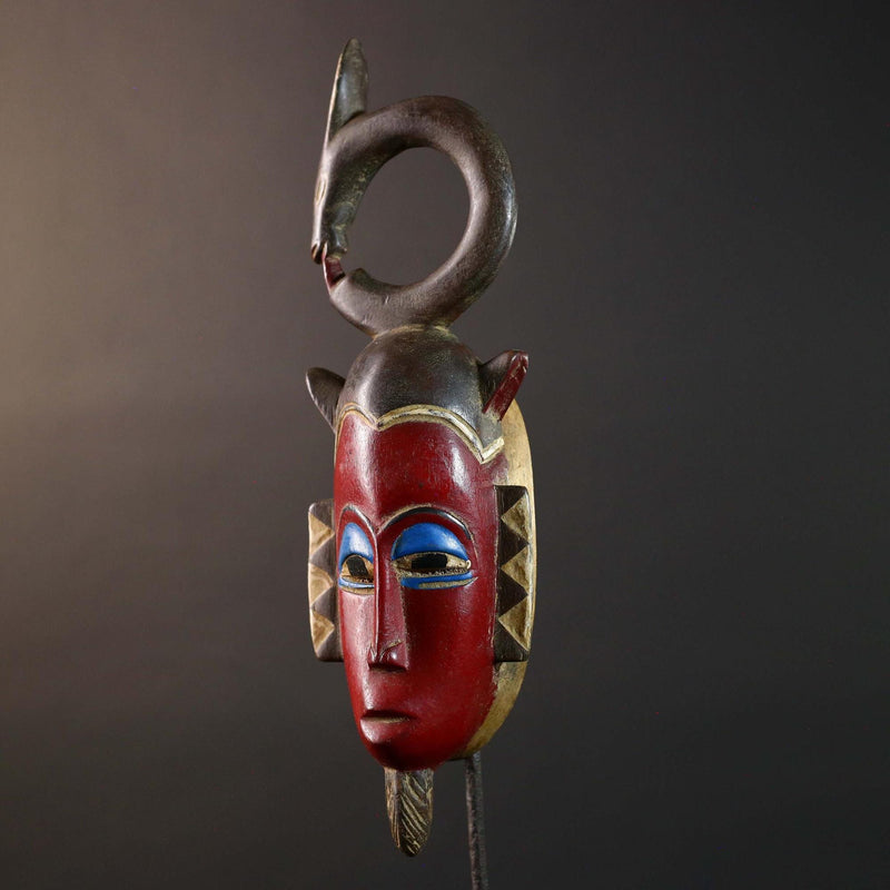 African Guro Serpent Crest Mask Hand Carved Tribal Wood Face West Africa Wall Art Vintage Ethnic Home Decor Collectible Sculpture-G5769