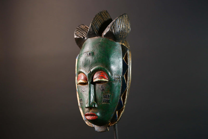 Africa Baule tribal mask hand carved wood green face red eyelids geometric patterns West African art wall hanging home decor sculpture-G5770