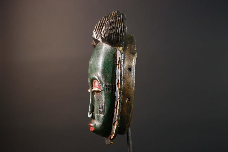 Africa Baule tribal mask hand carved wood green face red eyelids geometric patterns West African art wall hanging home decor sculpture-G5770