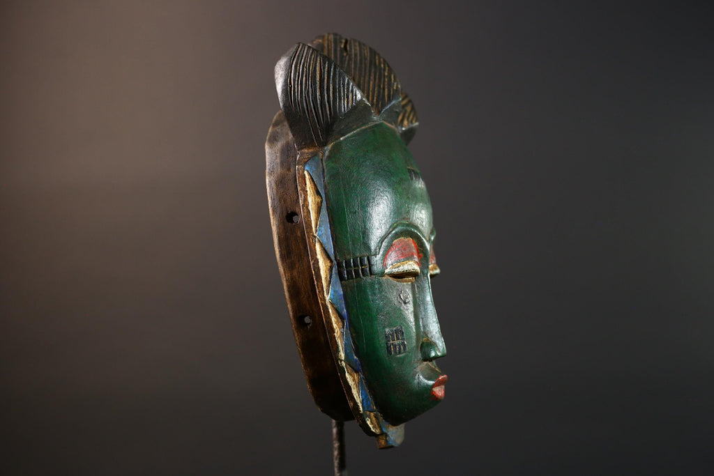 Africa Baule tribal mask hand carved wood green face red eyelids geometric patterns West African art wall hanging home decor sculpture-G5770