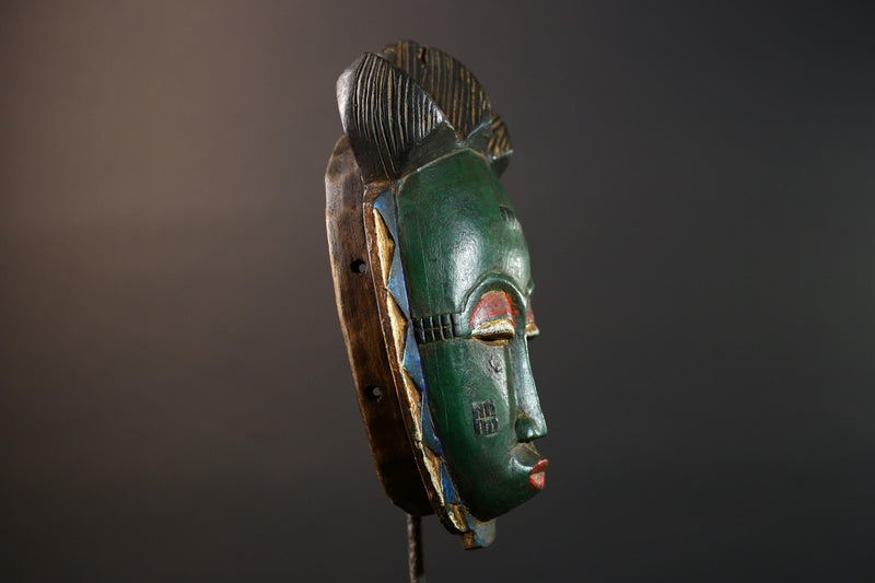 Africa Baule tribal mask hand carved wood green face red eyelids geometric patterns West African art wall hanging home decor sculpture-G5770