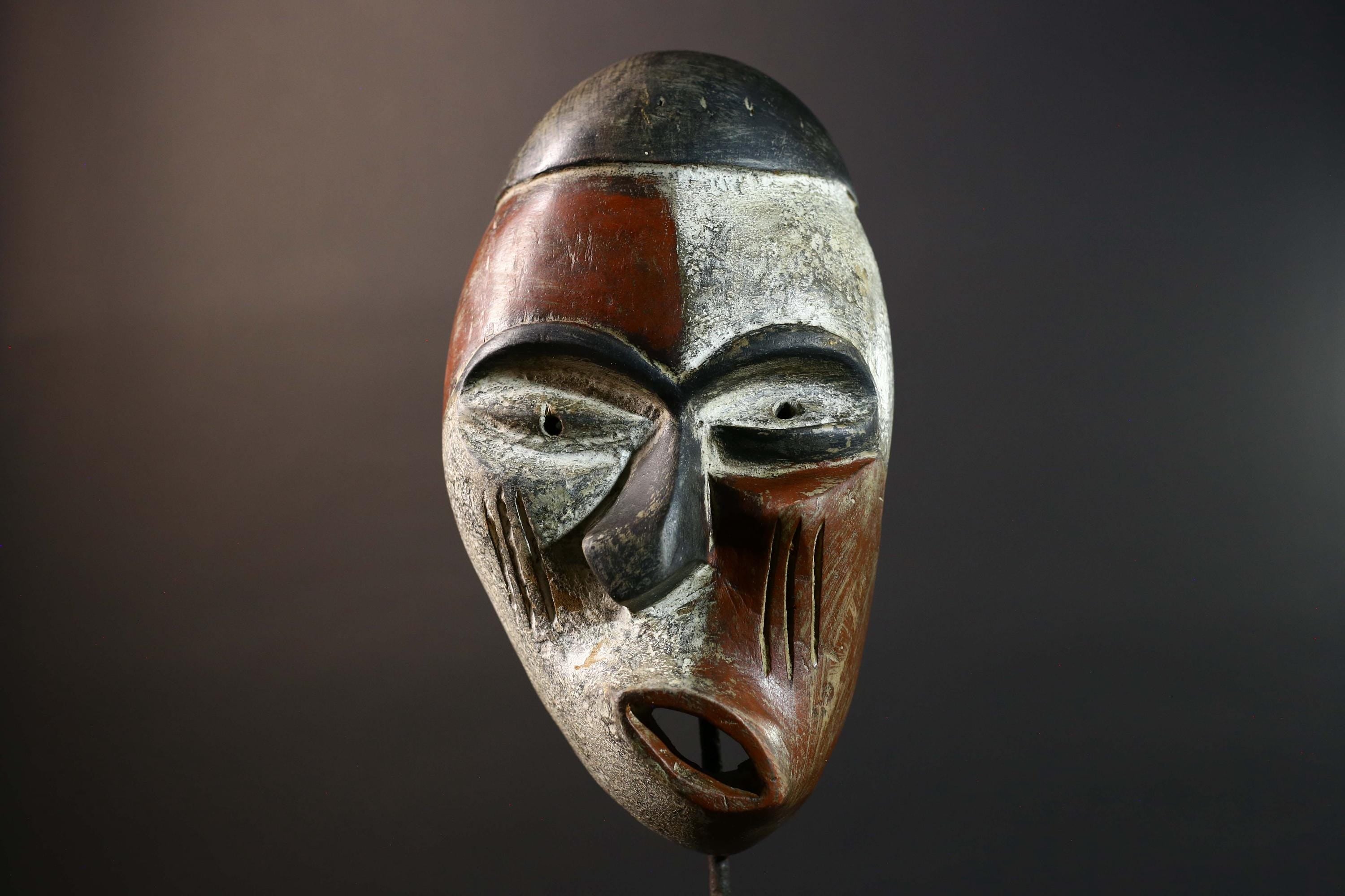 African Kumu Tribal Mask Carved Wood Congo Vintage Ritual Face Art Decor Handcrafted Wall Hanging Cultural Home Interior Accent-G5774