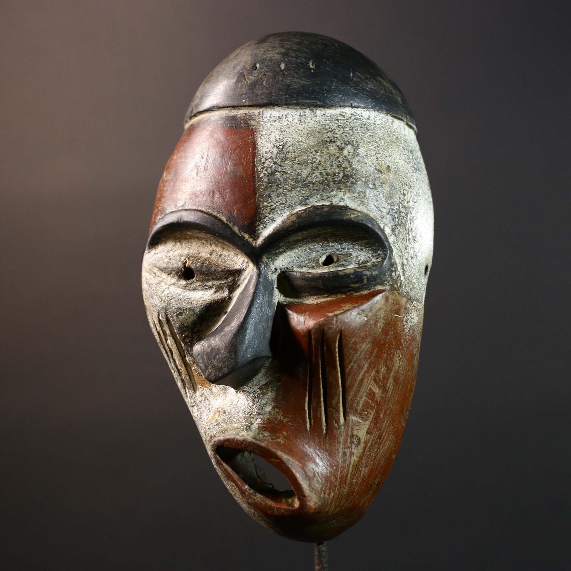African Kumu Tribal Mask Carved Wood Congo Vintage Ritual Face Art Decor Handcrafted Wall Hanging Cultural Home Interior Accent-G5774