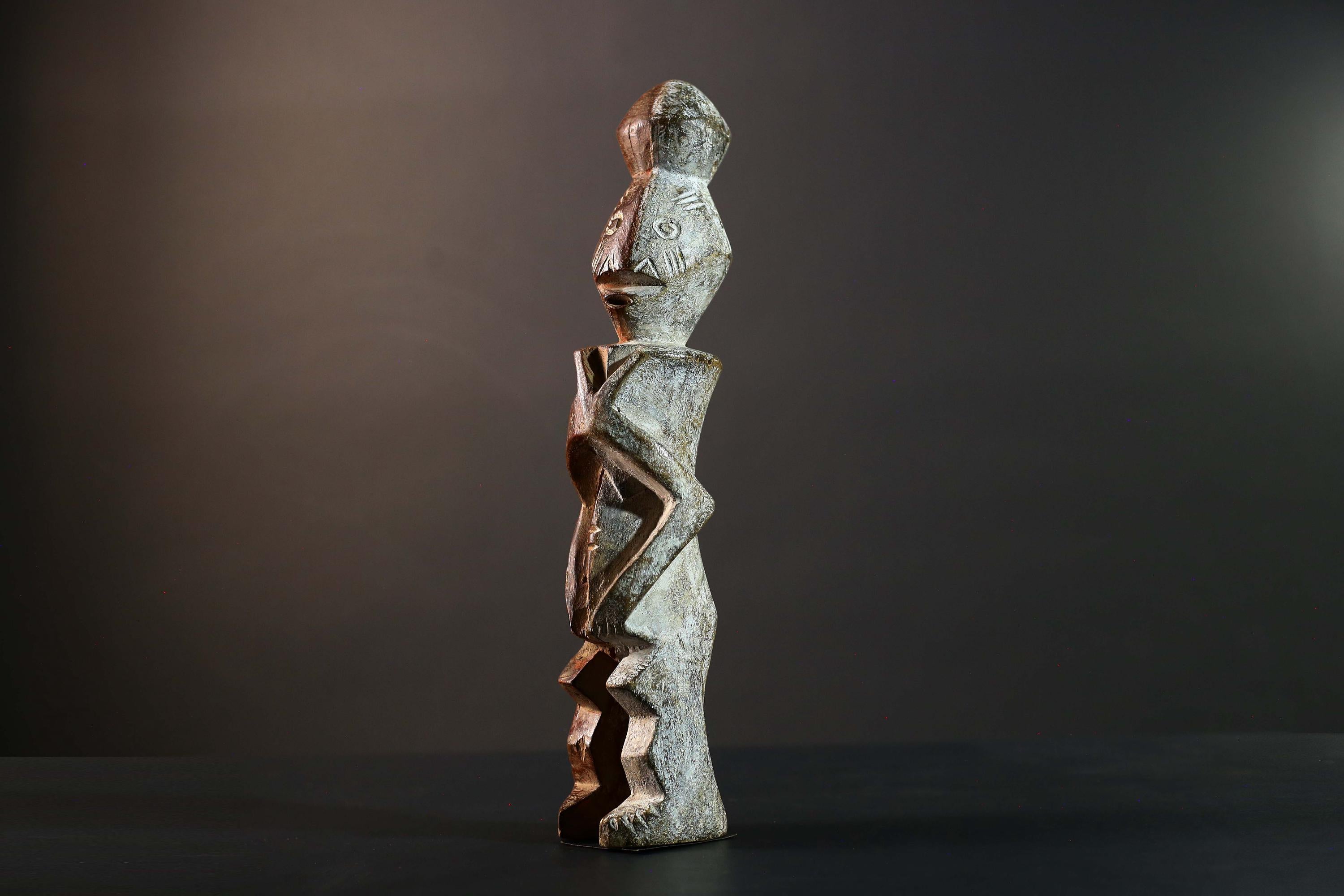 African Tribal Baule Style Geometric Carved Wood Statue Côte d’Ivoire Figure-G5785