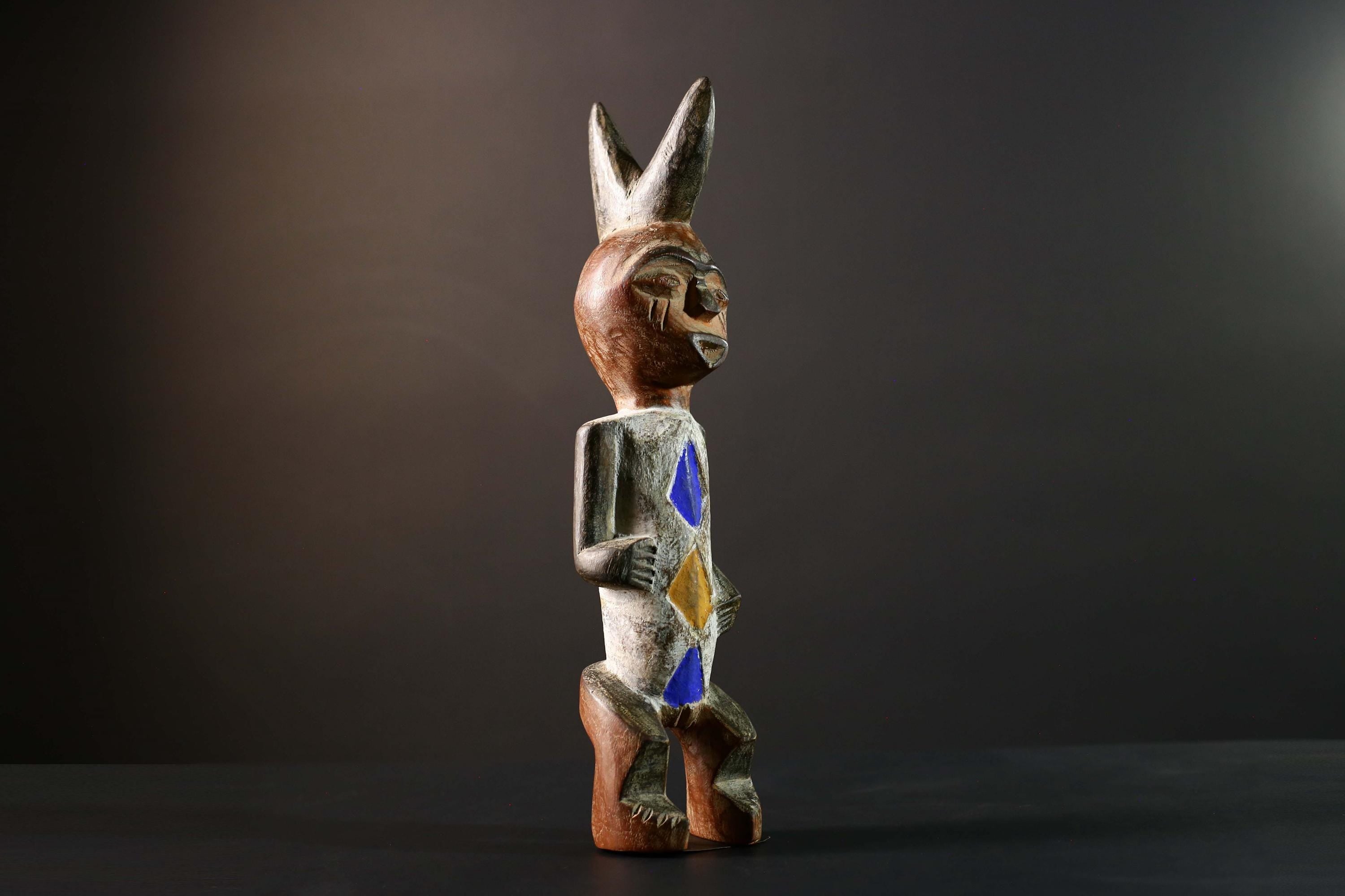 African Tribal Figure Hand Carved Wood Statue with Geometric Painted Patterns Blue Yellow Brown Ethnic Art Sculpture Home Decor-G5789