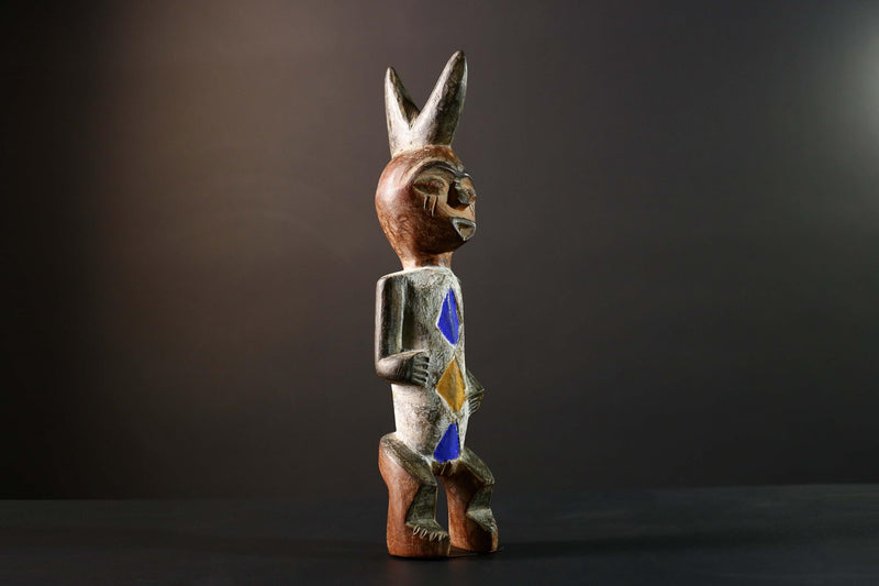 African Tribal Figure Hand Carved Wood Statue with Geometric Painted Patterns Blue Yellow Brown Ethnic Art Sculpture Home Decor-G5789