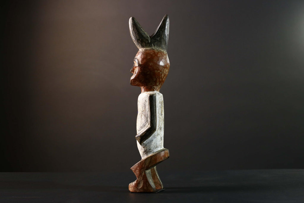 African Tribal Figure Hand Carved Wood Statue with Geometric Painted Patterns Blue Yellow Brown Ethnic Art Sculpture Home Decor-G5789
