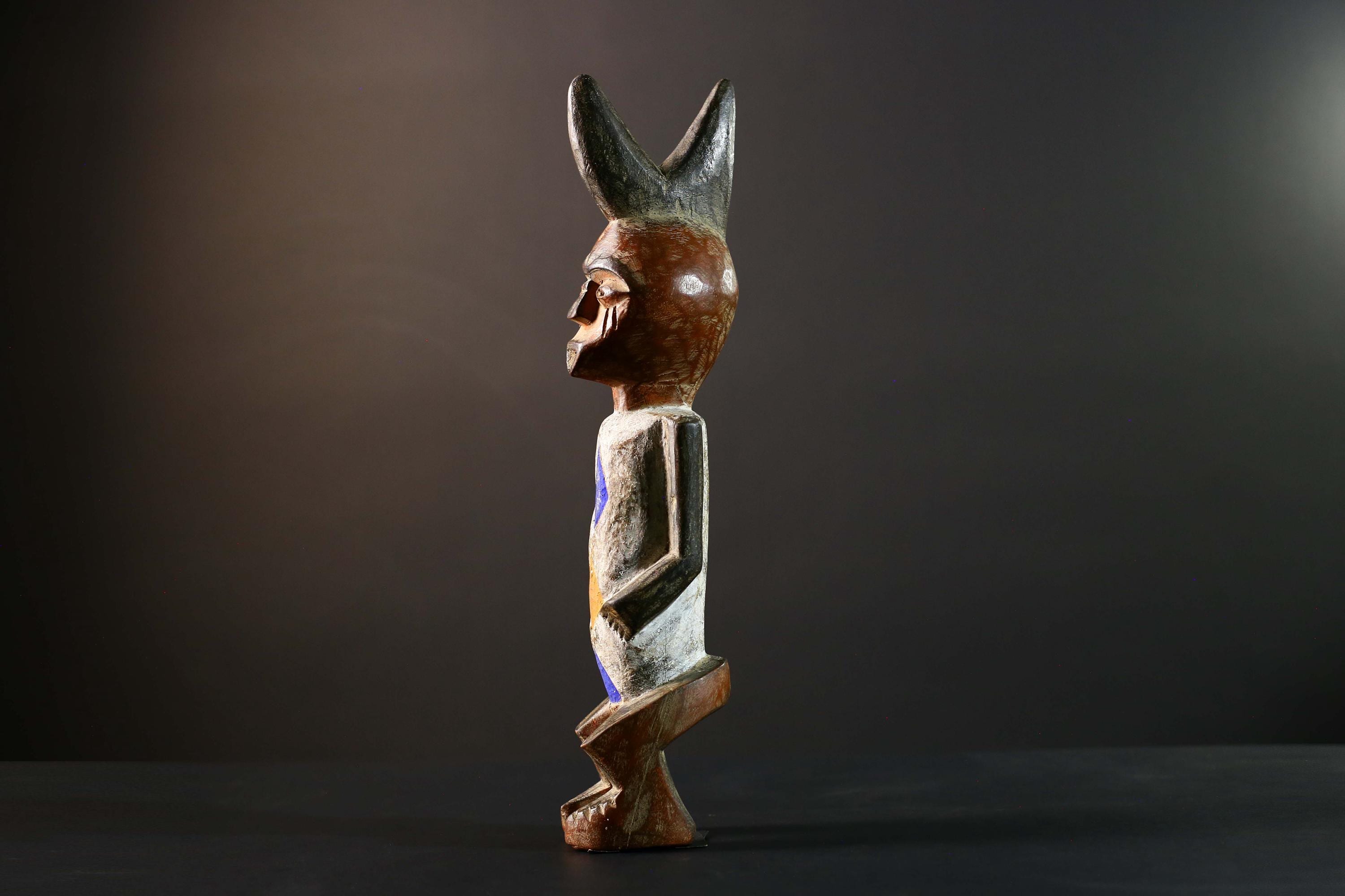 African Tribal Figure Hand Carved Wood Statue with Geometric Painted Patterns Blue Yellow Brown Ethnic Art Sculpture Home Decor-G5789