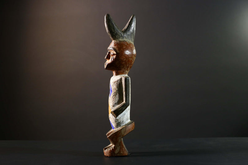 African Tribal Figure Hand Carved Wood Statue with Geometric Painted Patterns Blue Yellow Brown Ethnic Art Sculpture Home Decor-G5789