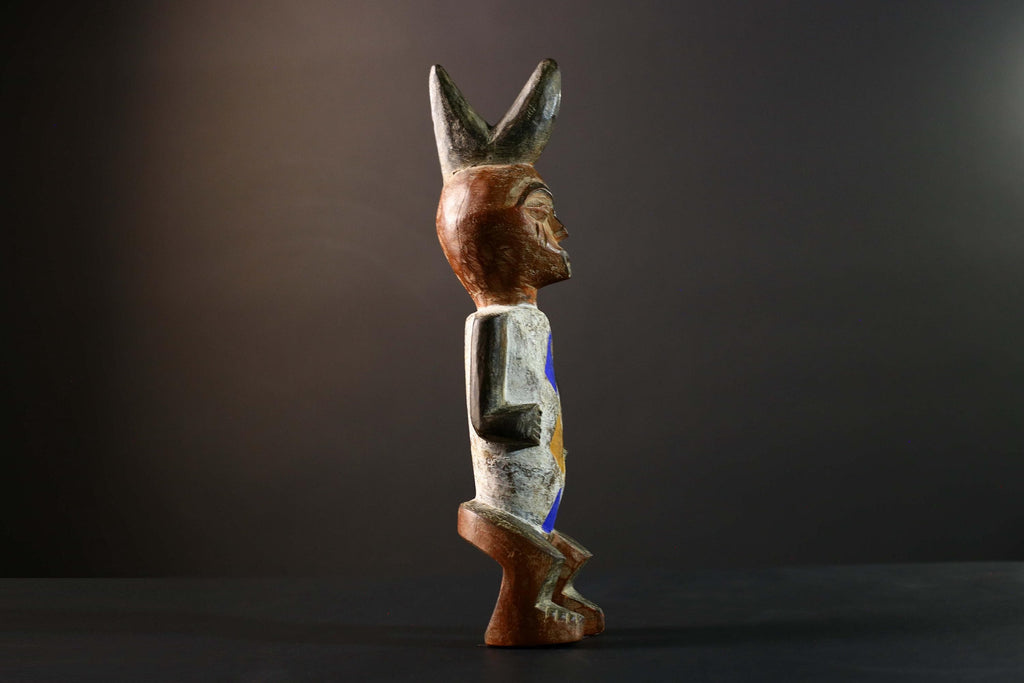 African Tribal Figure Hand Carved Wood Statue with Geometric Painted Patterns Blue Yellow Brown Ethnic Art Sculpture Home Decor-G5789