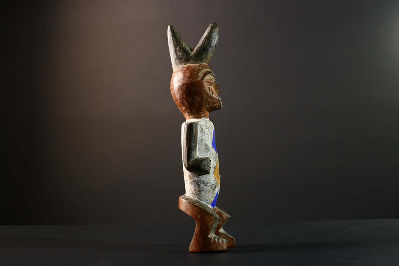 African Tribal Figure Hand Carved Wood Statue with Geometric Painted Patterns Blue Yellow Brown Ethnic Art Sculpture Home Decor-G5789
