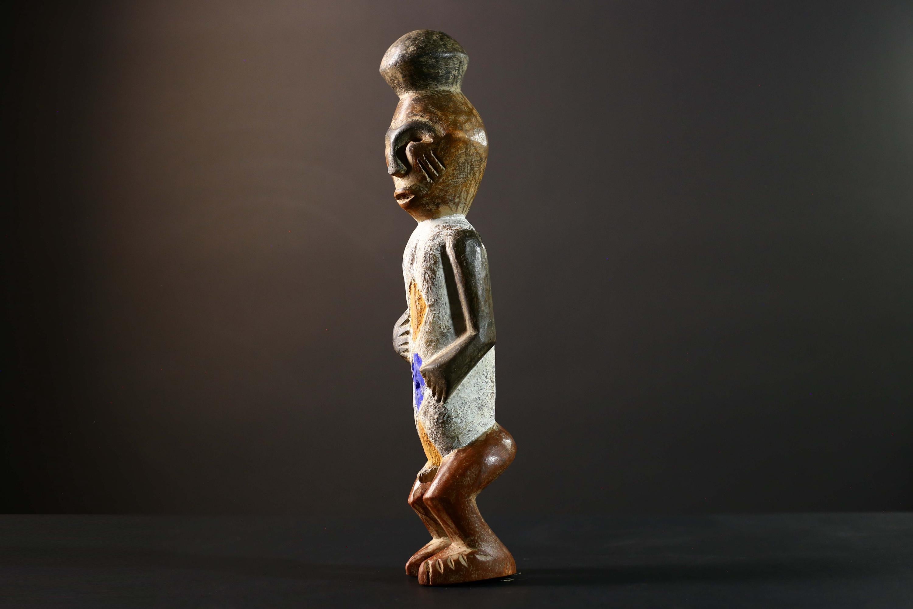 African Tribal Figure Carved Wood Statue Geometric Painted Ethnic Decor-G5790