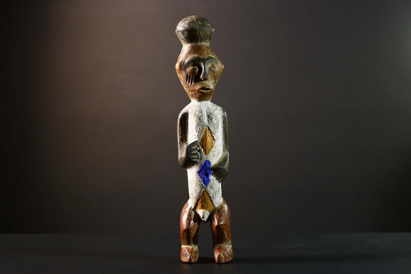 African Tribal Figure Carved Wood Statue Geometric Painted Ethnic Decor-G5790