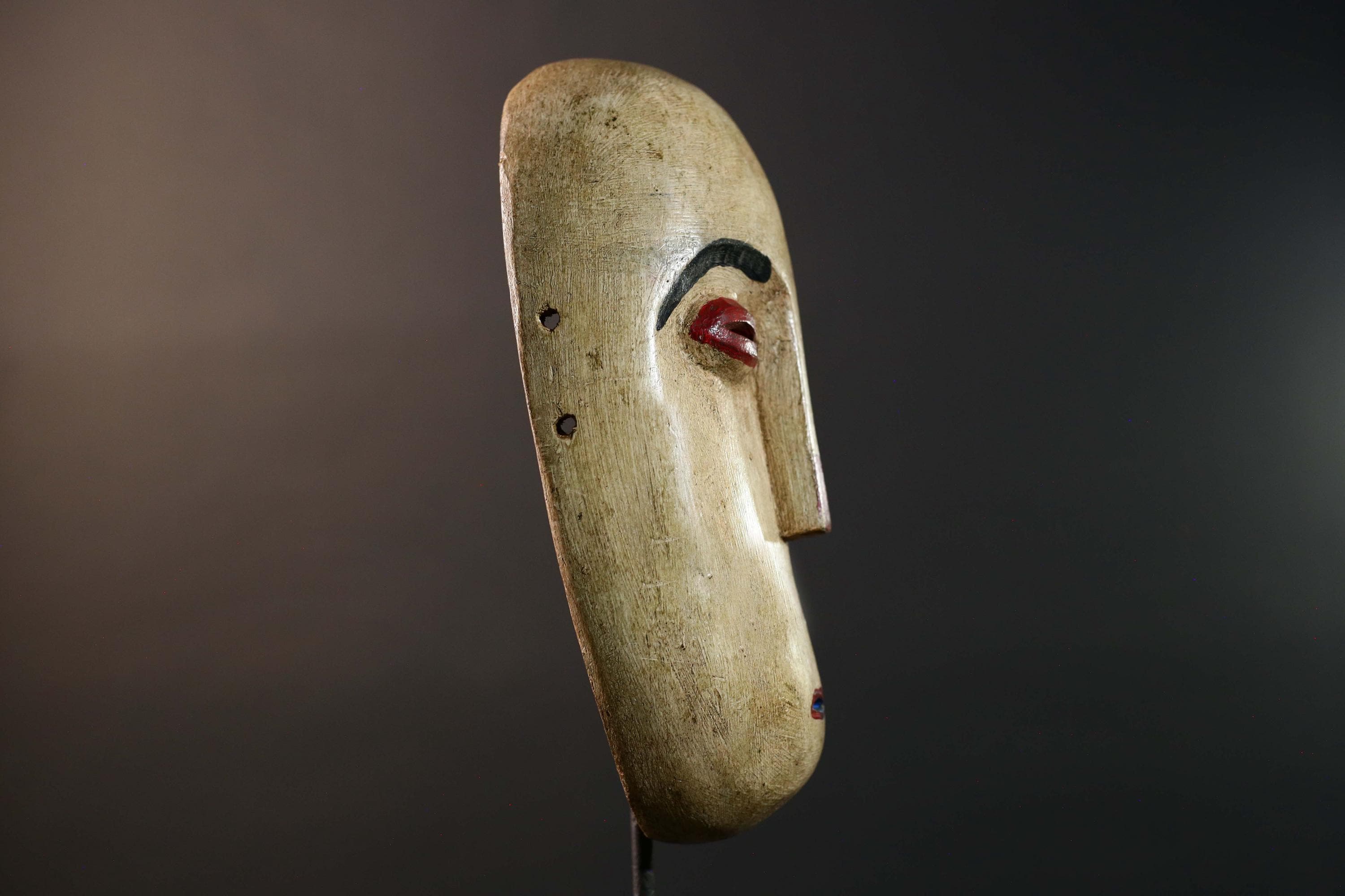African Tribal Mask Carved Wood Oval Face Minimalist Red Accents Wall Art Vintage Authentic West Africa Cultural Collectible Home Decor-7477