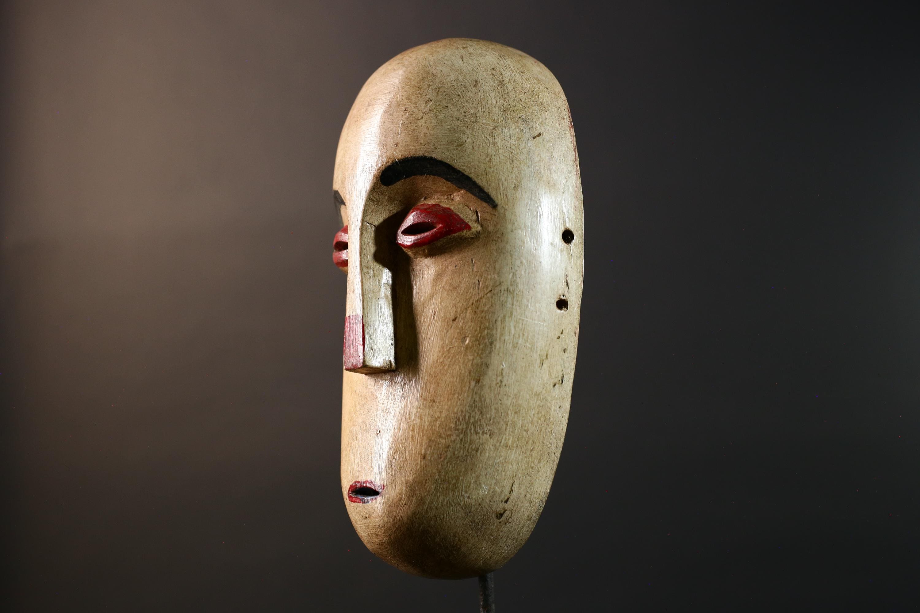African Tribal Mask Carved Wood Oval Face Minimalist Red Accents Wall Art Vintage Authentic West Africa Cultural Collectible Home Decor-7477
