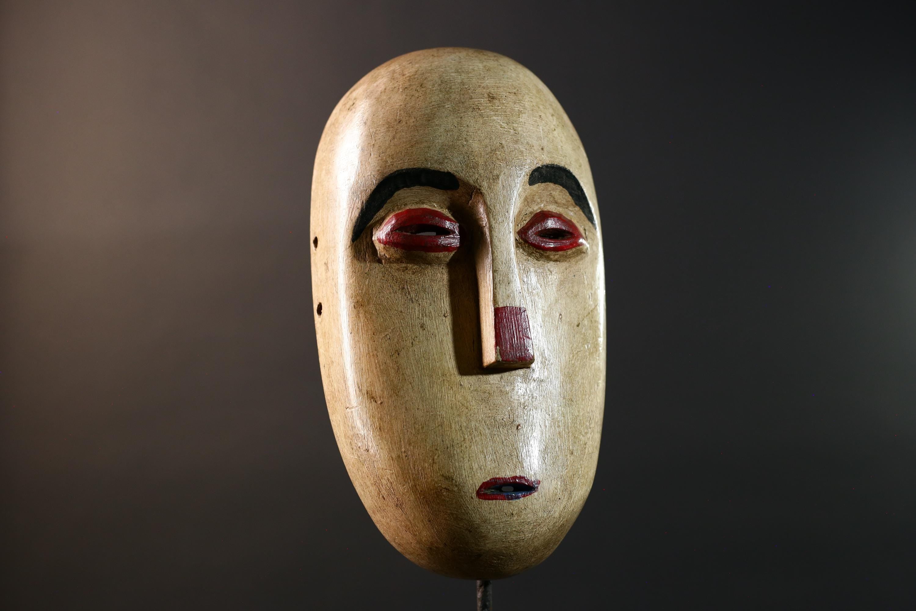 African Tribal Mask Carved Wood Oval Face Minimalist Red Accents Wall Art Vintage Authentic West Africa Cultural Collectible Home Decor-7477