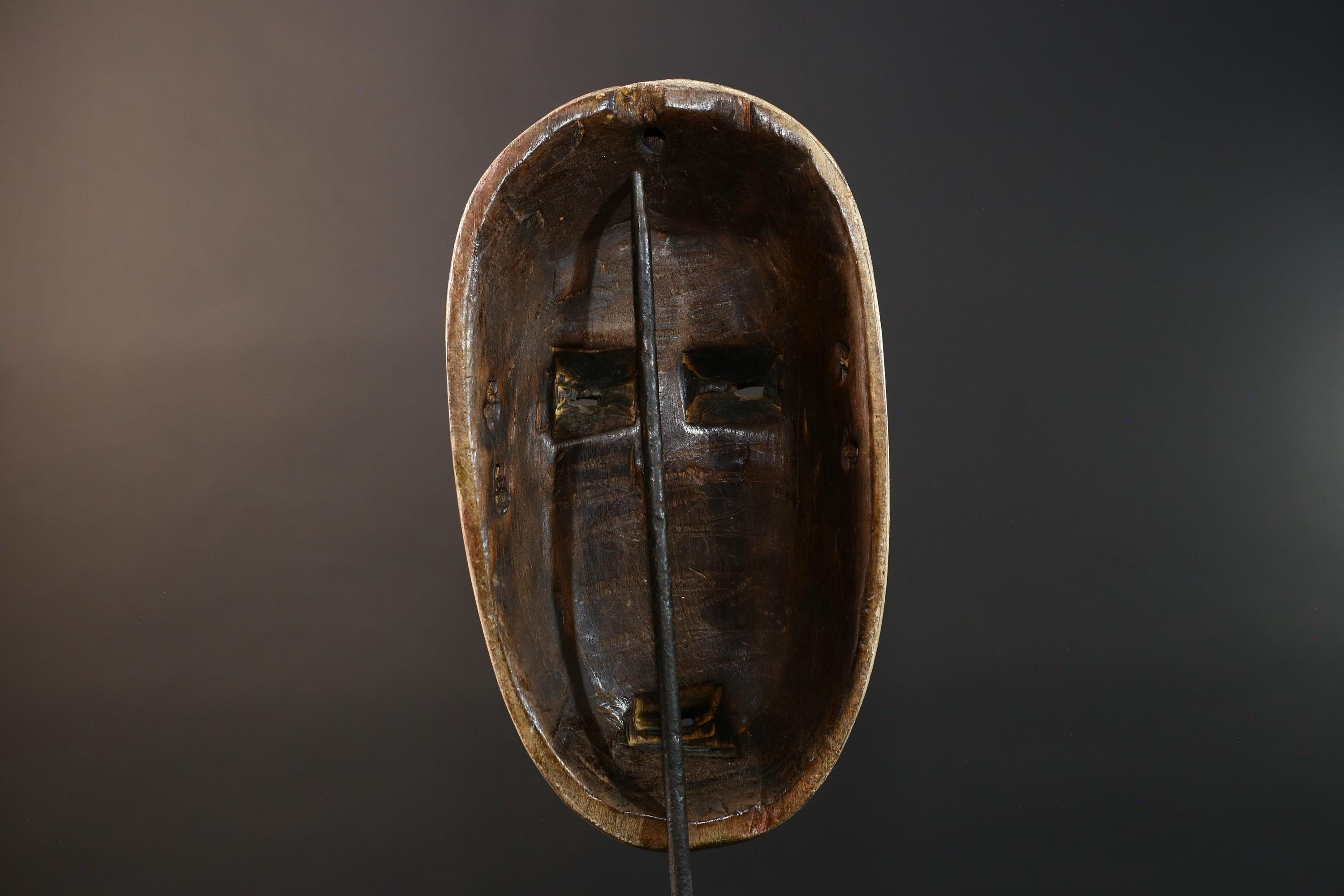 African Tribal Mask Carved Wood Oval Face Minimalist Red Accents Wall Art Vintage Authentic West Africa Cultural Collectible Home Decor-7477