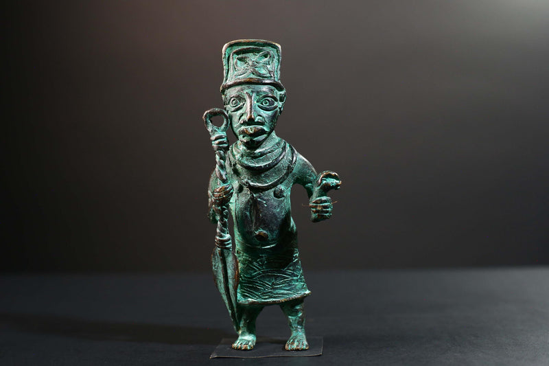 African Nigerian Bronze Tribal Figure Sculpture | Handcrafted Benin Style Vintage Art | Collectible West Africa Ritual Decor Statue-G5758