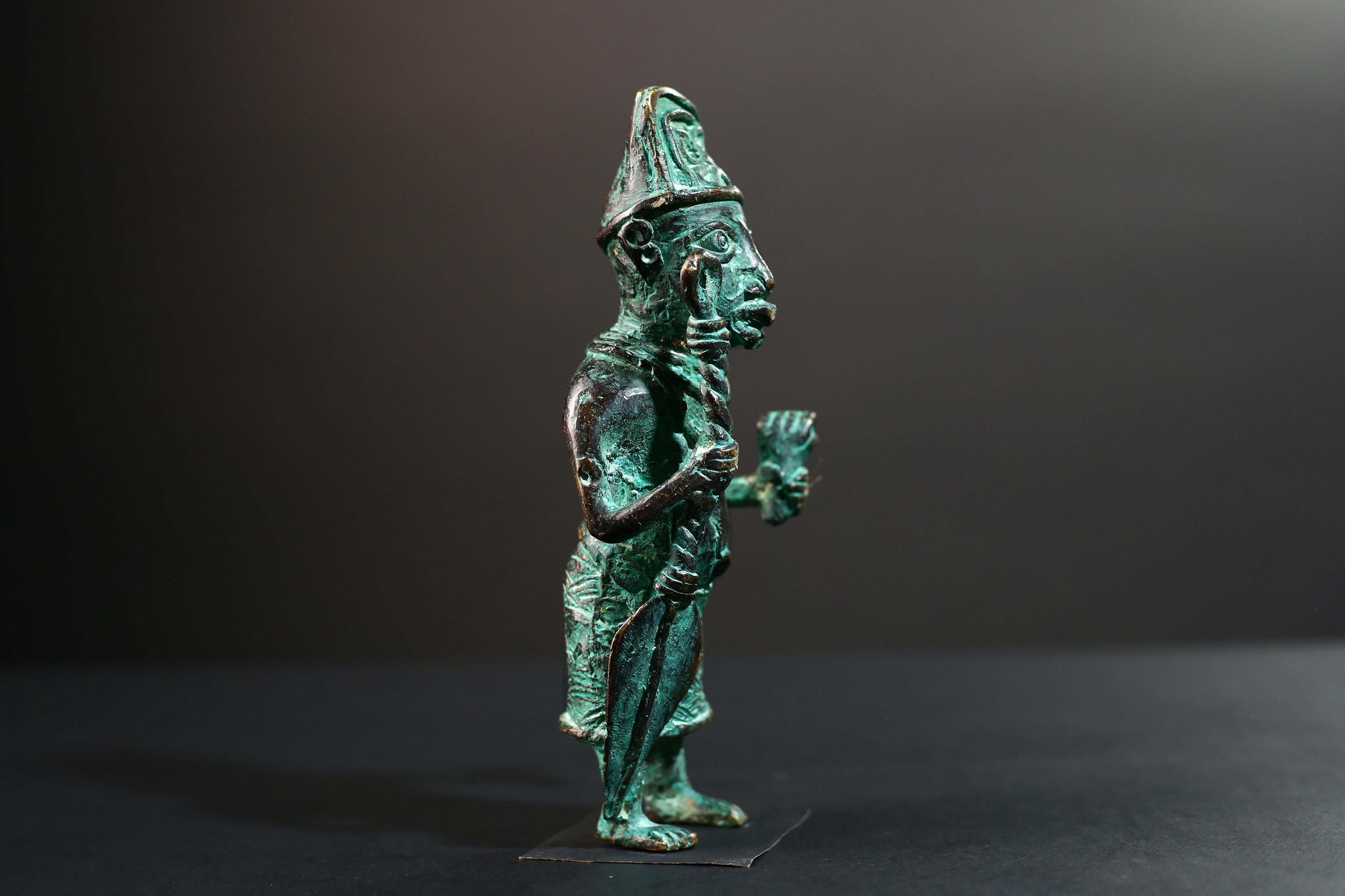 African Nigerian Bronze Tribal Figure Sculpture | Handcrafted Benin Style Vintage Art | Collectible West Africa Ritual Decor Statue-G5758