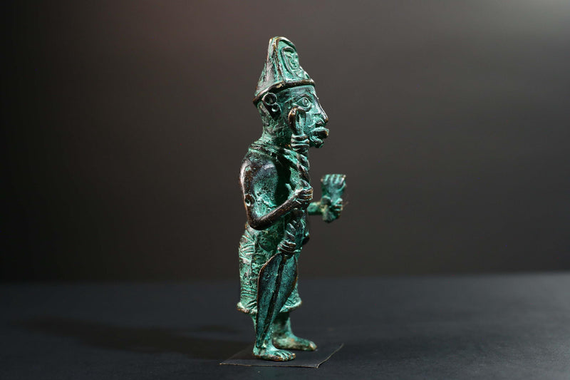 African Nigerian Bronze Tribal Figure Sculpture | Handcrafted Benin Style Vintage Art | Collectible West Africa Ritual Decor Statue-G5758