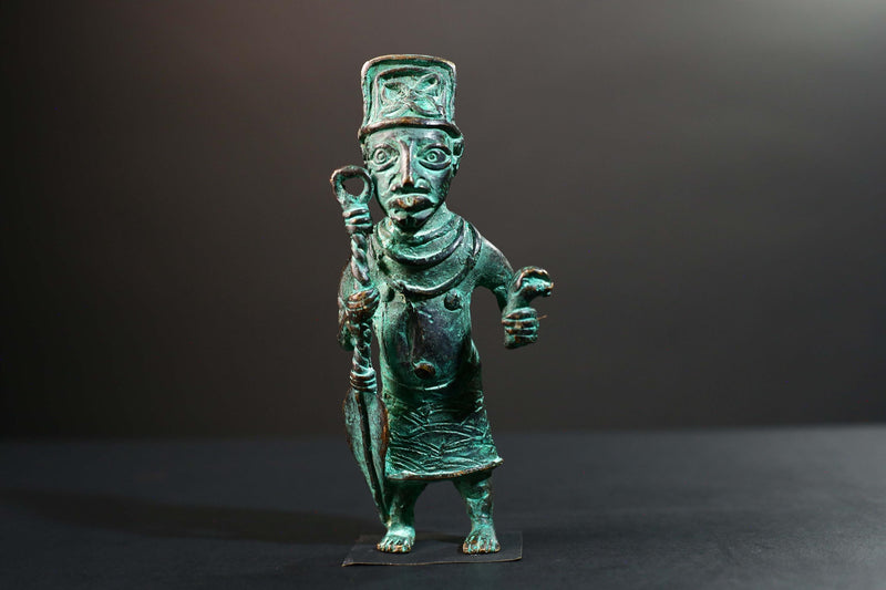 African Nigerian Bronze Tribal Figure Sculpture | Handcrafted Benin Style Vintage Art | Collectible West Africa Ritual Decor Statue-G5758